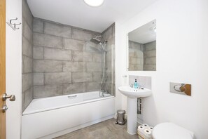 Shower, towels, soap, shampoo