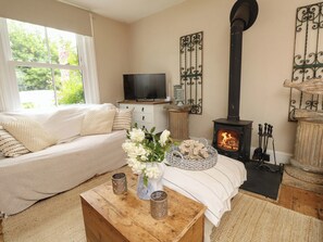 Ein gemütliches Wohnzimmer mit einer Couch, einem Fernseher, einem Kamin und Dekorationselementen.
