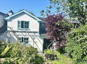 Een tweelaags huis met een witte gevel en groene accenten, omgeven door weelderige begroeiing en een hond.