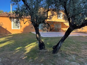 Ein Haus mit Ziegeldach, Rasen und einer Terrasse mit Gartenmöbeln.