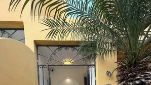 Une entrée fermée par un portail, agrémentée d’un palmier, de plantes en pot et d’un paillasson.