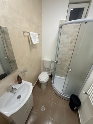 A bathroom with a sink, toilet, and glass shower enclosure. - Spacious 2-Room Apartment near Brașov Center | Random Studio | Pet frendly (Brașov)