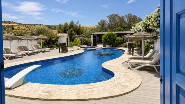 A swimming pool with lounge chairs, a small building, and a view of the countryside. - Dragonfly Retreat Málaga | Private Villa & Rose Pool (Coín)