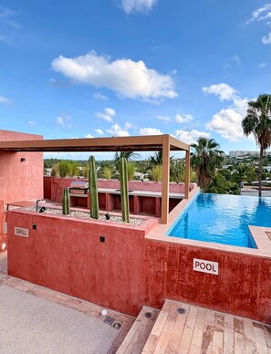 A rooftop pool area with a grill and pool sign, surrounded by cacti and palm trees. - 3BR Condo in at Laiva in San José Del Cabo (San José del Cabo)