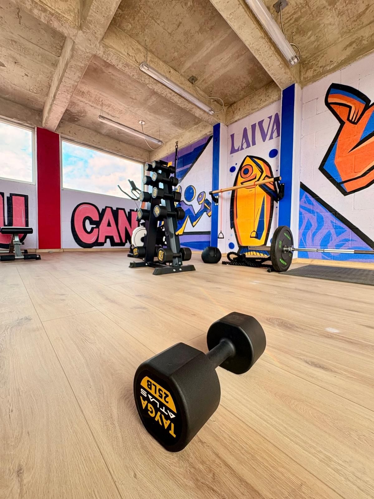 Une salle de sport avec un plancher en bois, du matériel de musculation et une fresque murale.