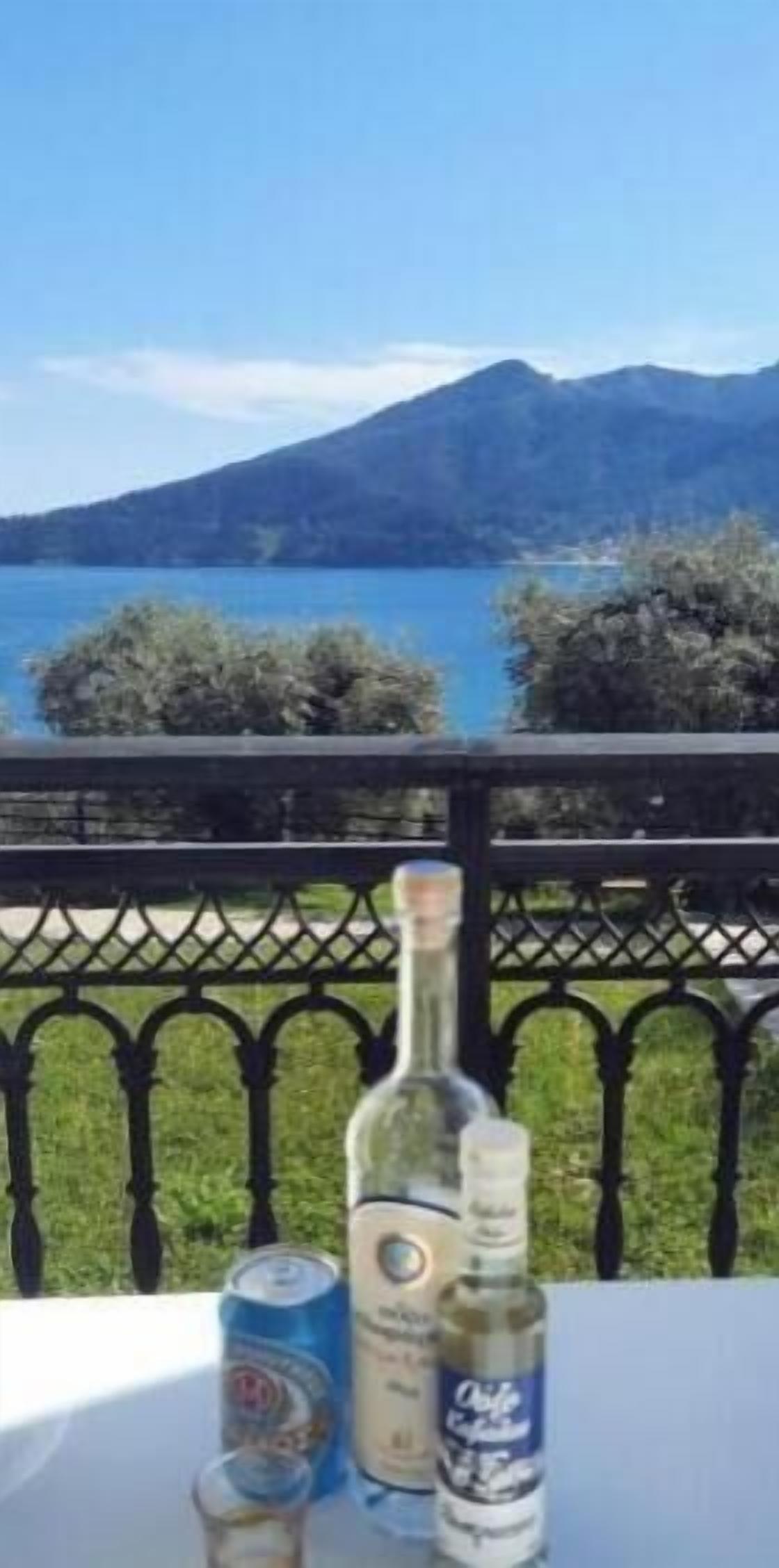 A table with bottles and a can on a balcony overlooking a lake and mountains.