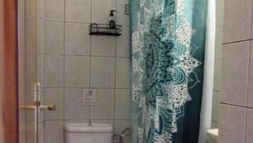 Shower, hair dryer, towels, toilet paper