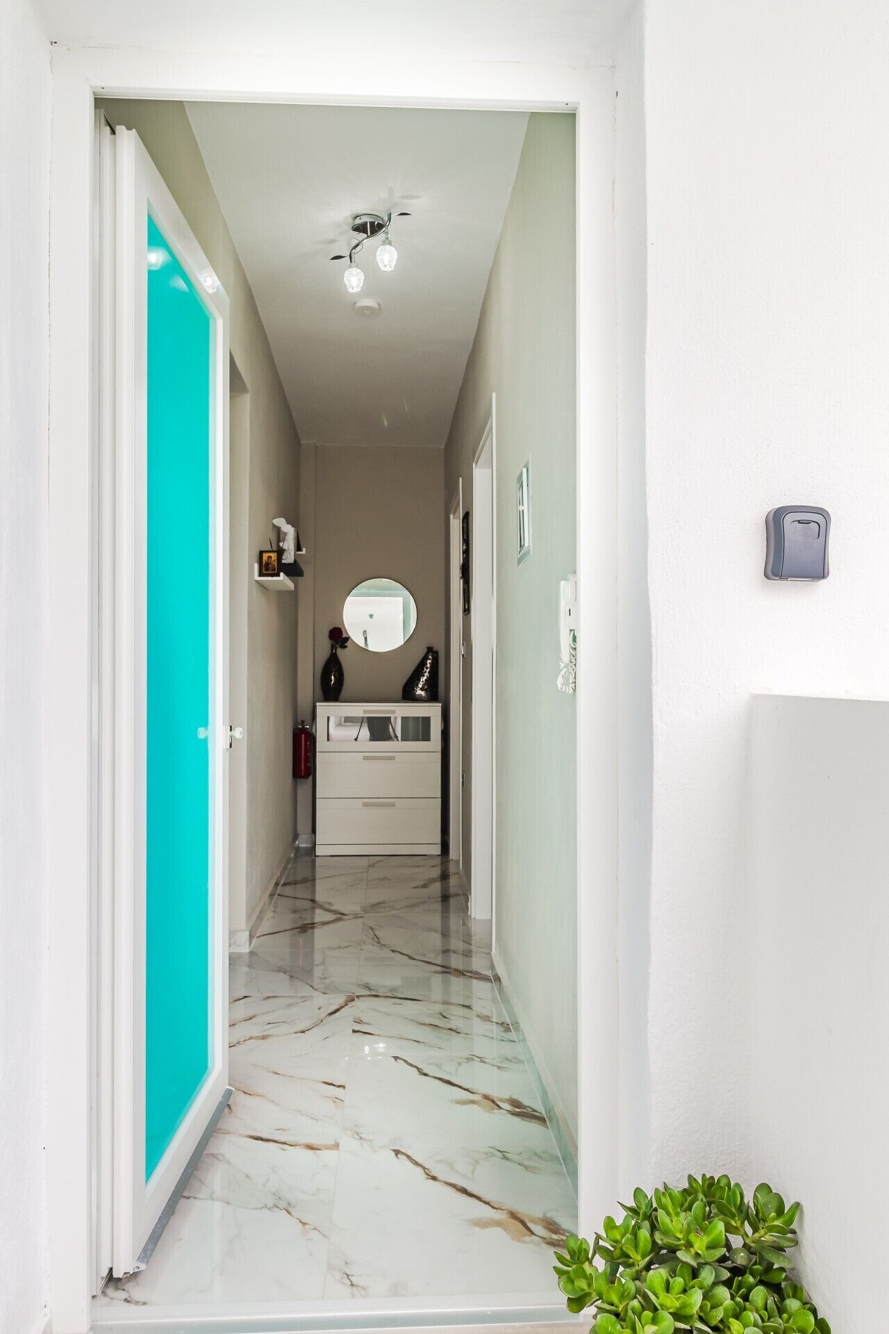 Un corridoio con una porta bianca, una parete bianca, un pavimento in marmo, un armadietto bianco e una piccola pianta verde.