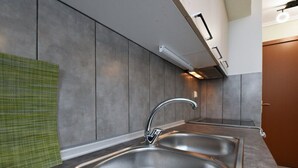 Una cucina moderna con lavelli in acciaio inossidabile, un asciugamano verde e una porta in legno.