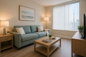 Ein modernes Wohnzimmer mit einer Couch, einem Couchtisch, einem Fernseher und einem Fenster mit Jalousien.