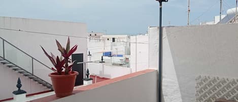Una terraza en la azotea con una planta en maceta, una escalera y vistas de edificios al fondo.