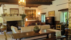 A cozy living room with a fireplace, wooden furniture, and a stone wall. - LA TUILERIE DU CINEASTE An immersive bed and breakfast on the Côte D'Or cinema scene (Courlon)