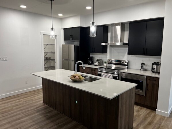 A modern kitchen with a central island, stainless steel appliances, and black cabinets. - Lakeview Oasis (Edmonton)