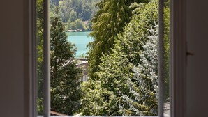 Una habitación con ventana que da a un bosque y un lago.
