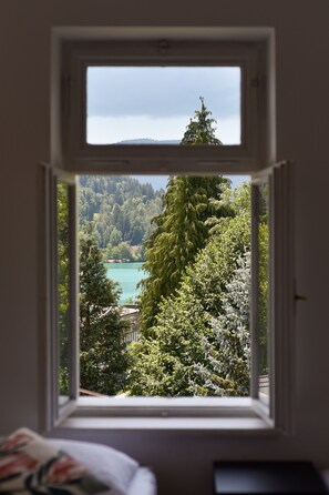 Ein Zimmer mit Fensterblick auf einen Wald und einen See.