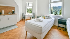 Un dormitorio con cama, escritorio, silla, ventana con vistas y kitchenette.