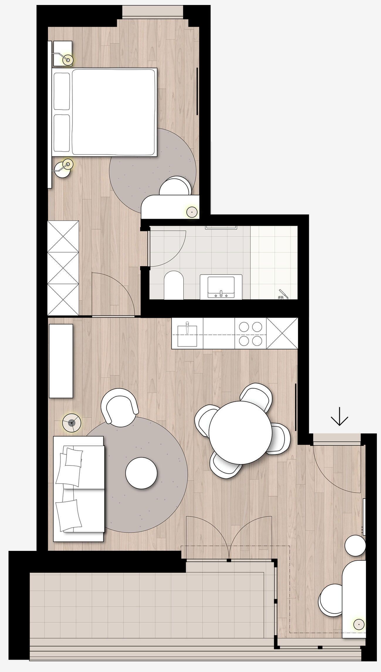 A floor plan of a hotel room with a kitchenette, a dining area, and a seating area with a circular table.