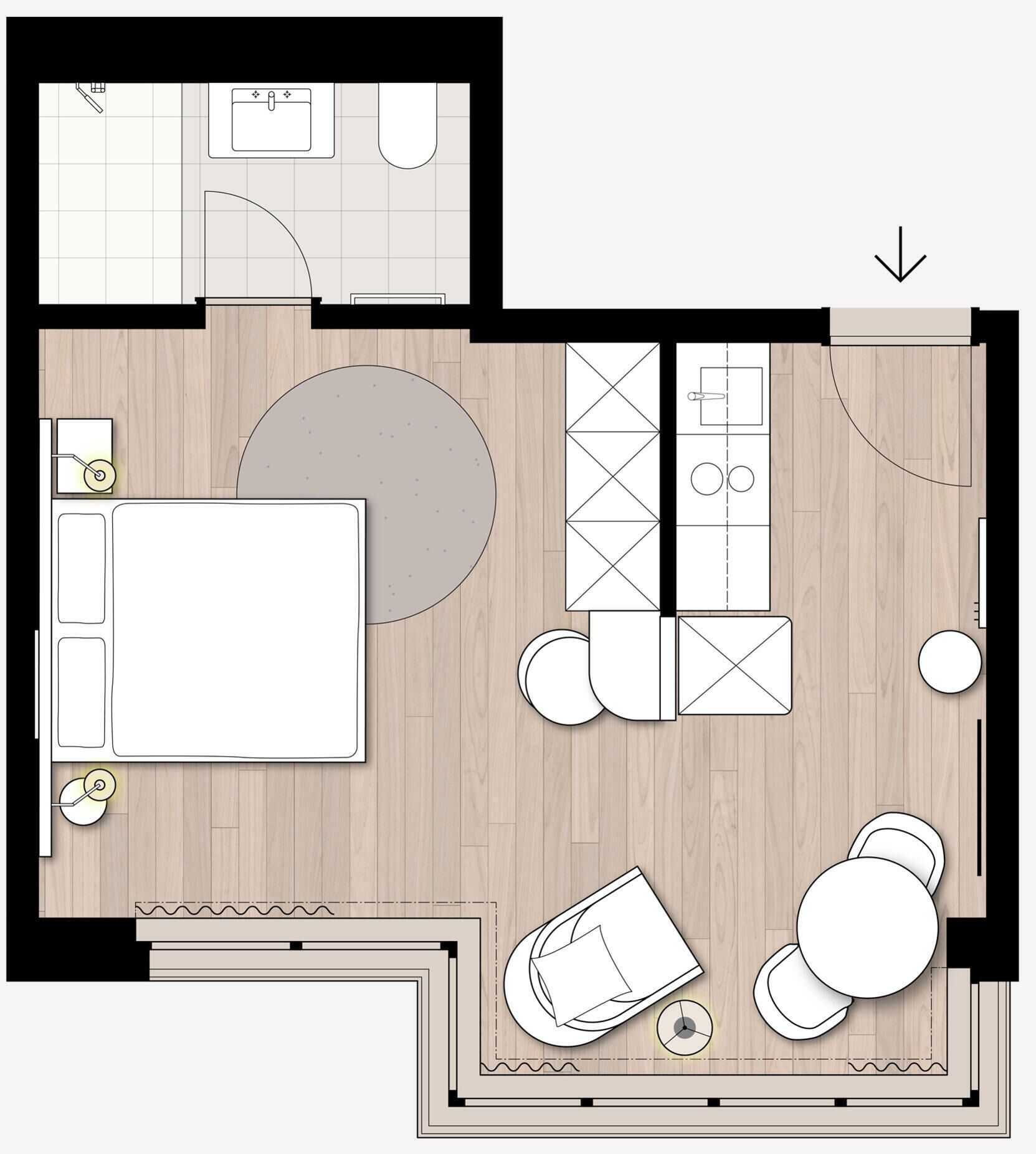 A floor plan of a hotel room with a bed, a seating area with a table and chairs, a small kitchen area, and a bathroom.