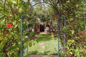 Un jardín con un arco metálico azul que da a una estructura de madera con dos puertas abiertas.