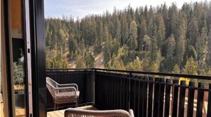 Een balkon met rieten stoelen, uitzicht op een bebost heuvel, en een zwarte balustrade.