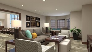 A hotel lobby with a sofa set, armchairs, a dining area, and a large window with blinds. - Cozy Studio w/ Kitchen | Hot Breakfast, Gym & Pool (Denton)