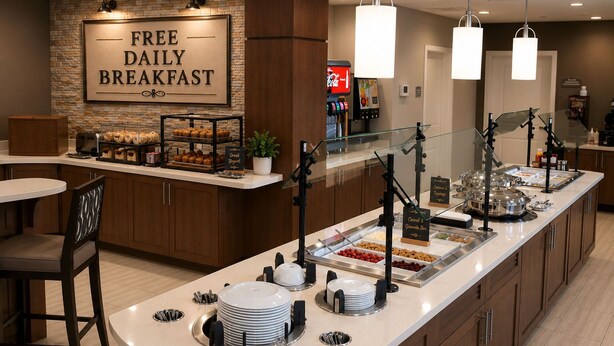 Ein Frühstücksbuffet mit einem Schild, auf dem 'DAILY FREE BREAKFAST' steht, einer Auswahl an Speisen und einer Coca-Cola-Maschine.