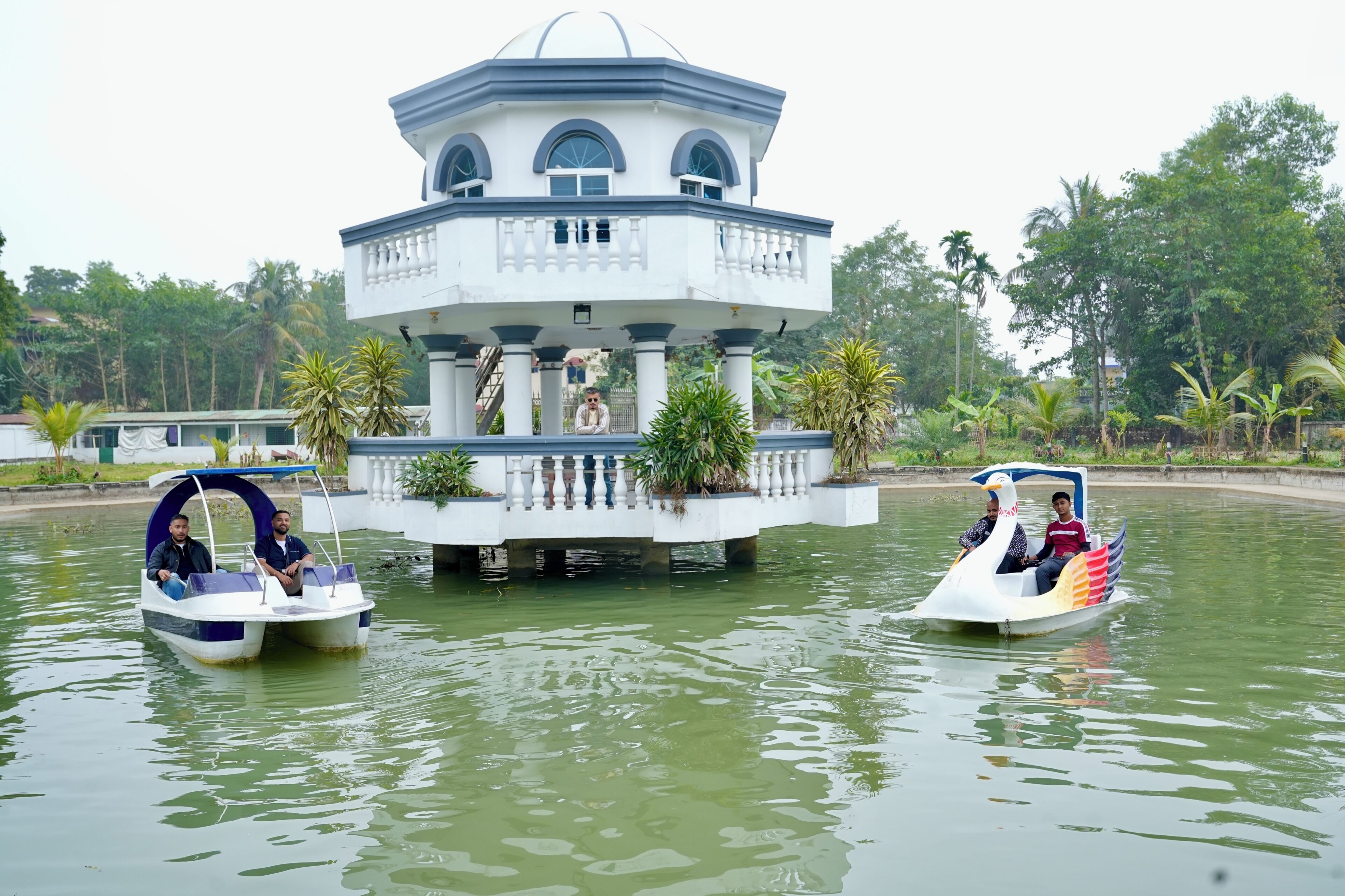 Duas embarcações em forma de cisne em águas calmas, com uma estrutura de pavilhão central.