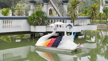 Um barco em forma de cisne em águas calmas, com um edifício branco e palmeiras ao fundo.