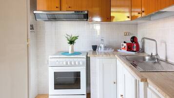 2-bedroom apartment, ground floor | Private kitchen | Fridge, microwave, stovetop, cookware/dishes/utensils