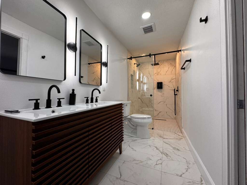 Hair dryer, towels, soap, toilet paper