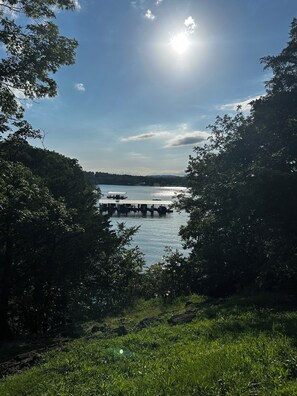 A lake with a dock, surrounded by trees and greenery.