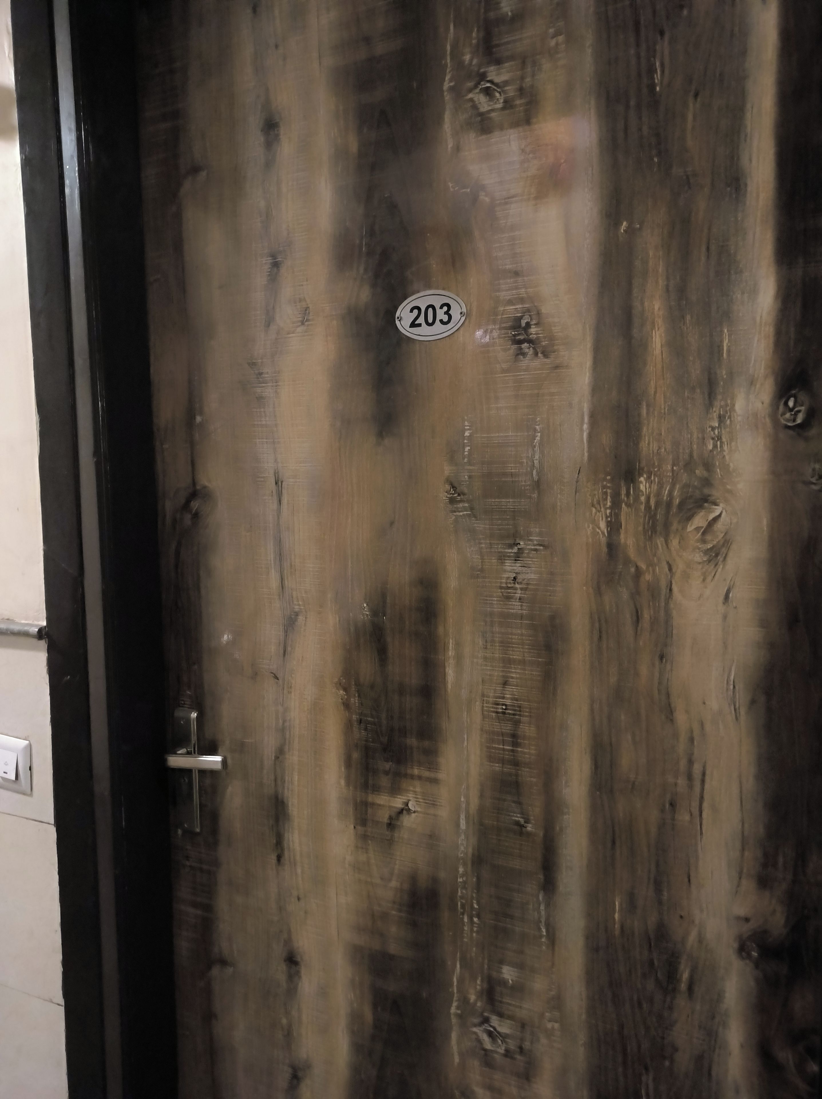 A wooden door with a number plate indicating room 203.