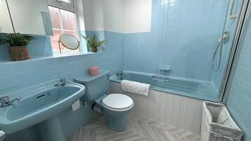 Hair dryer, towels, soap, toilet paper