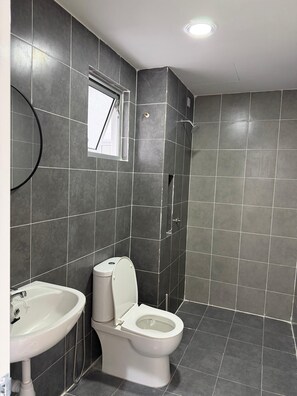 Un baño con inodoro, lavamanos y ducha.