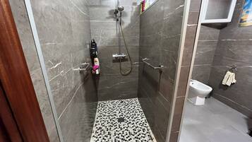 Hair dryer, towels, soap, toilet paper