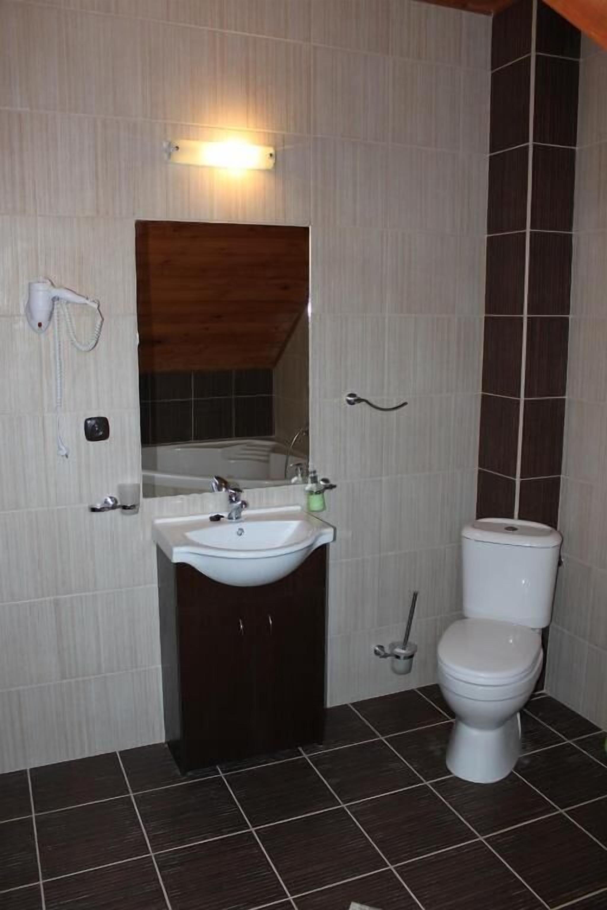 A bathroom with a white sink, a toilet, and a hairdryer on the wall.