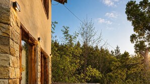 Eine Holzterrasse mit Steinmauern, Blumentöpfen und Blick auf Bäume.