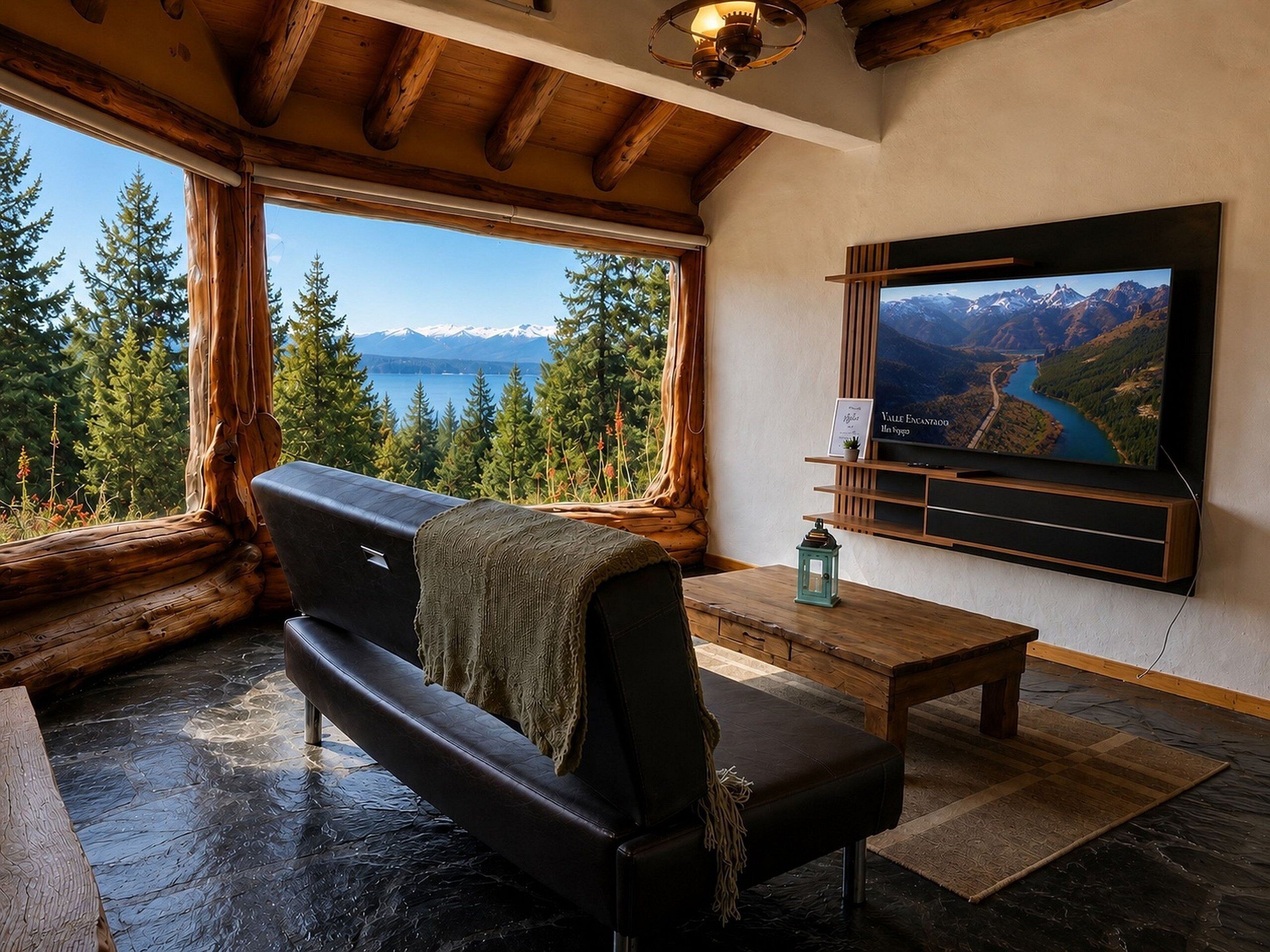 A cozy room with a black leather sofa, a wooden coffee table, and a large TV displaying a scenic view.
