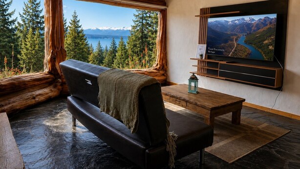 Ein gemütliches Zimmer mit einer schwarzen Ledersofa, einem Holztisch und einem großen Fernseher, der eine schöne Aussicht zeigt.