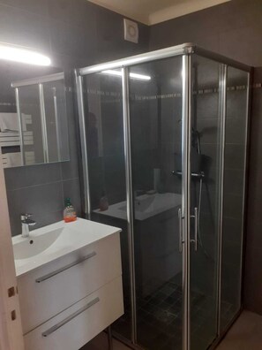 Chuveiro, toalhas de banho, papel higiênico 