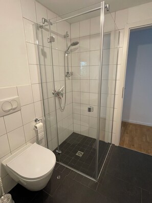 Een badkamer met een douche met glazen wand, een toilet en een wastafel.