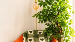 A room with a green table, an orange chair, a potted plant, and a lamp. - Cosy apartment in the heart of Angers historic district – Terrace & comfort – Sleeps 2 (Angers)