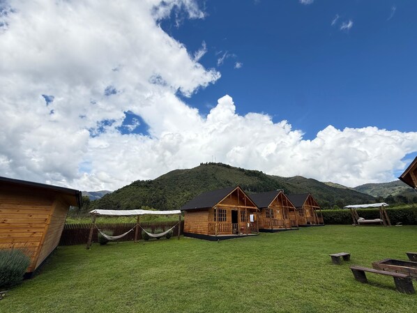 Un hilero de cabañas de madera con un patio cubierto de césped y montañas al fondo.