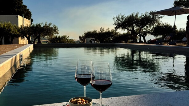 A pool with two glasses of red wine and a bowl of nuts on a table.