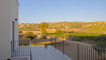 A balcony with a view of a vineyard and distant houses.