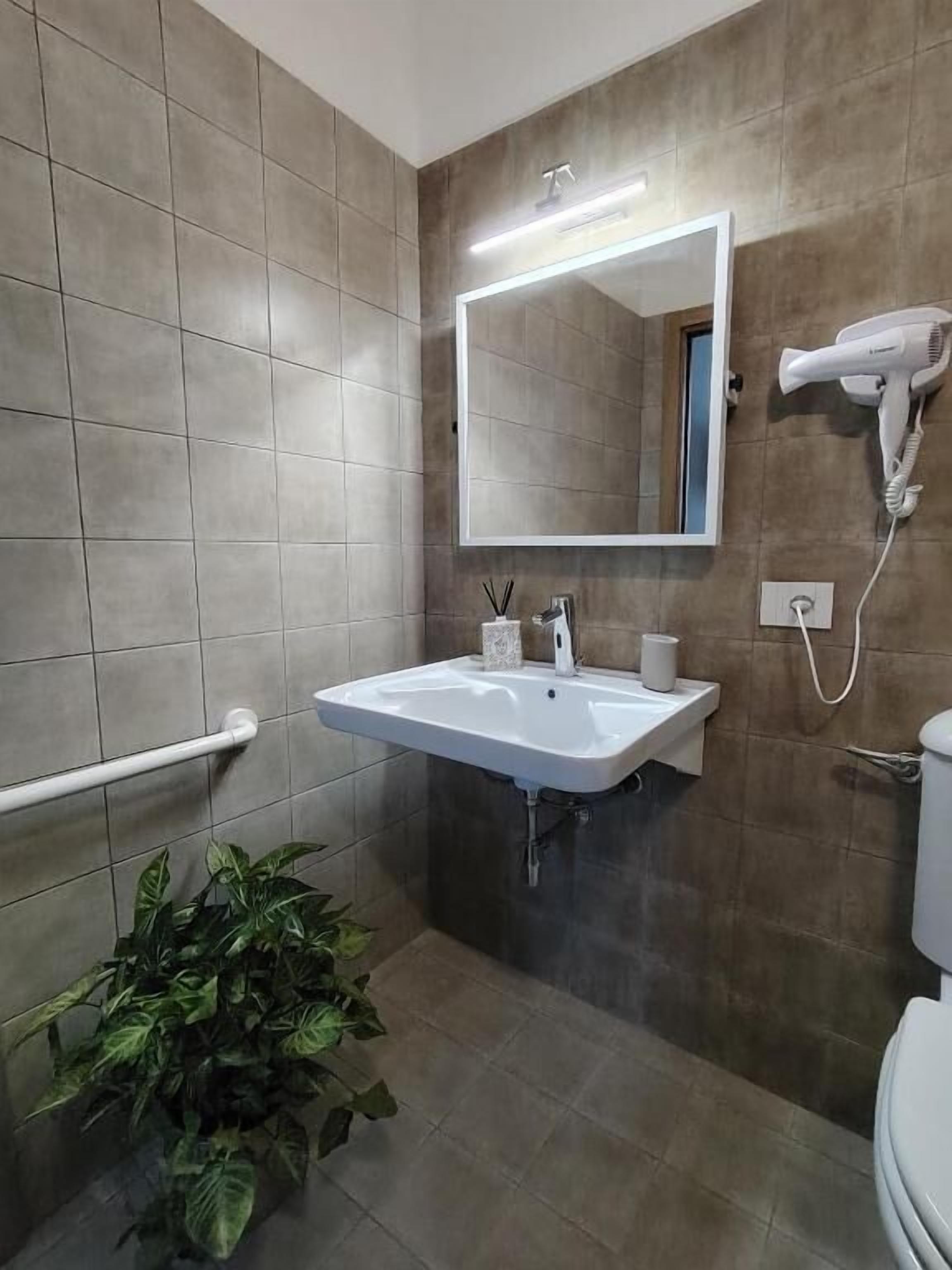 Un baño con lavamanos blanco, espejo, secador de pelo y planta en maceta.