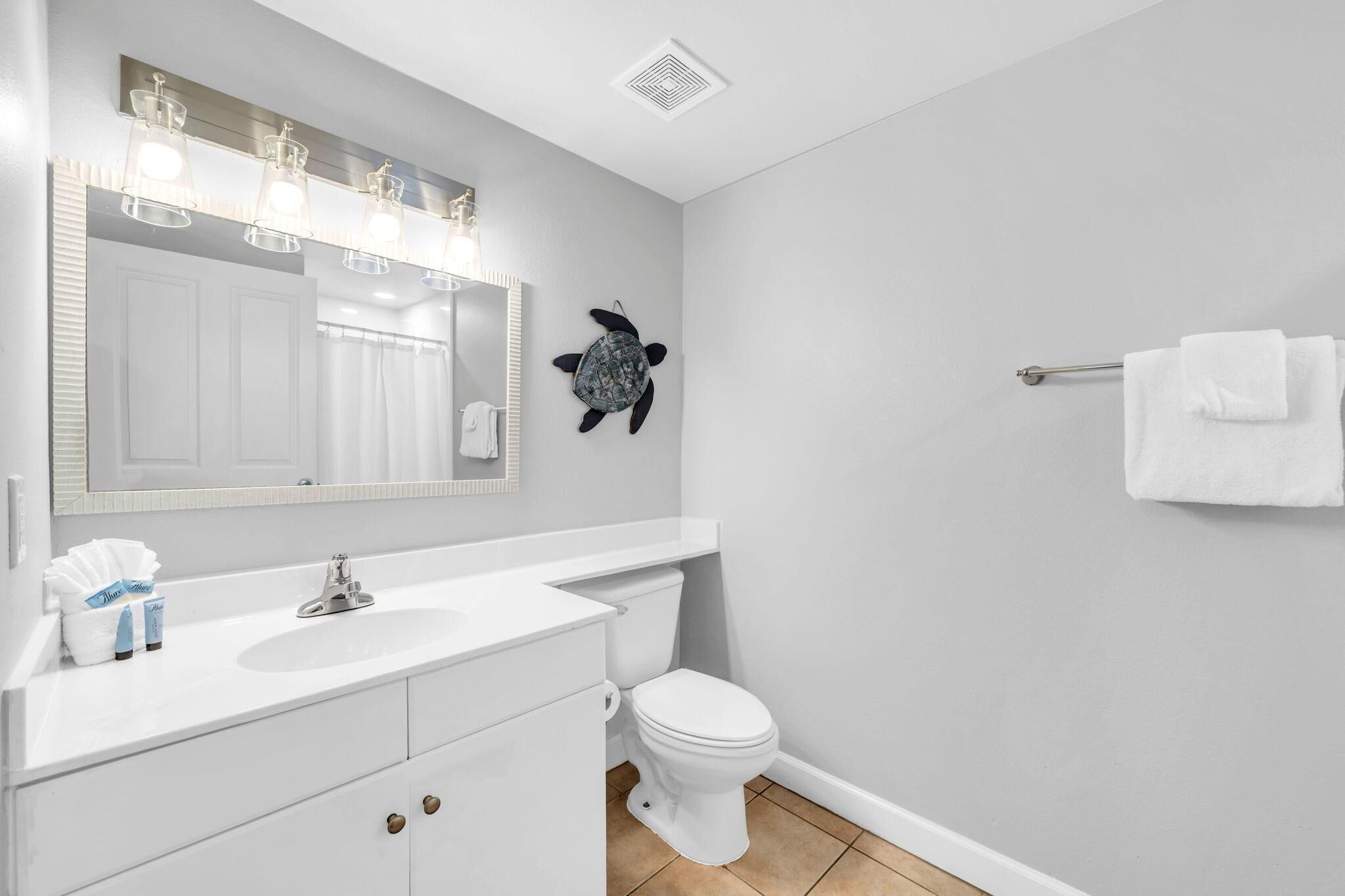 A bathroom with a white vanity, a mirror, a towel rack, and a decorative turtle on the wall.