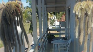 Un espacio al aire libre techado con una mesa y sillas de patio, una planta colgante y vistas a la calle.