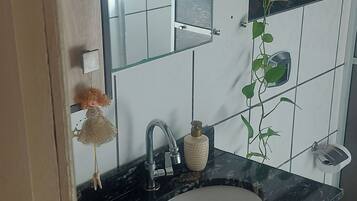 A bathroom with a sink, mirror, and a potted plant.