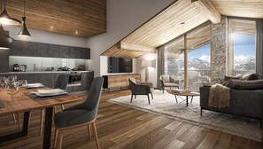 A modern interior with a dining area, kitchen, and seating with a mountain view. - TERRESENS - Les Balcons de Juliette (Notre-Dame-de-Bellecombe)